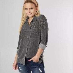 Paper Crane ribbed knit button-down shirt w/roll-up cuffs Black & white …